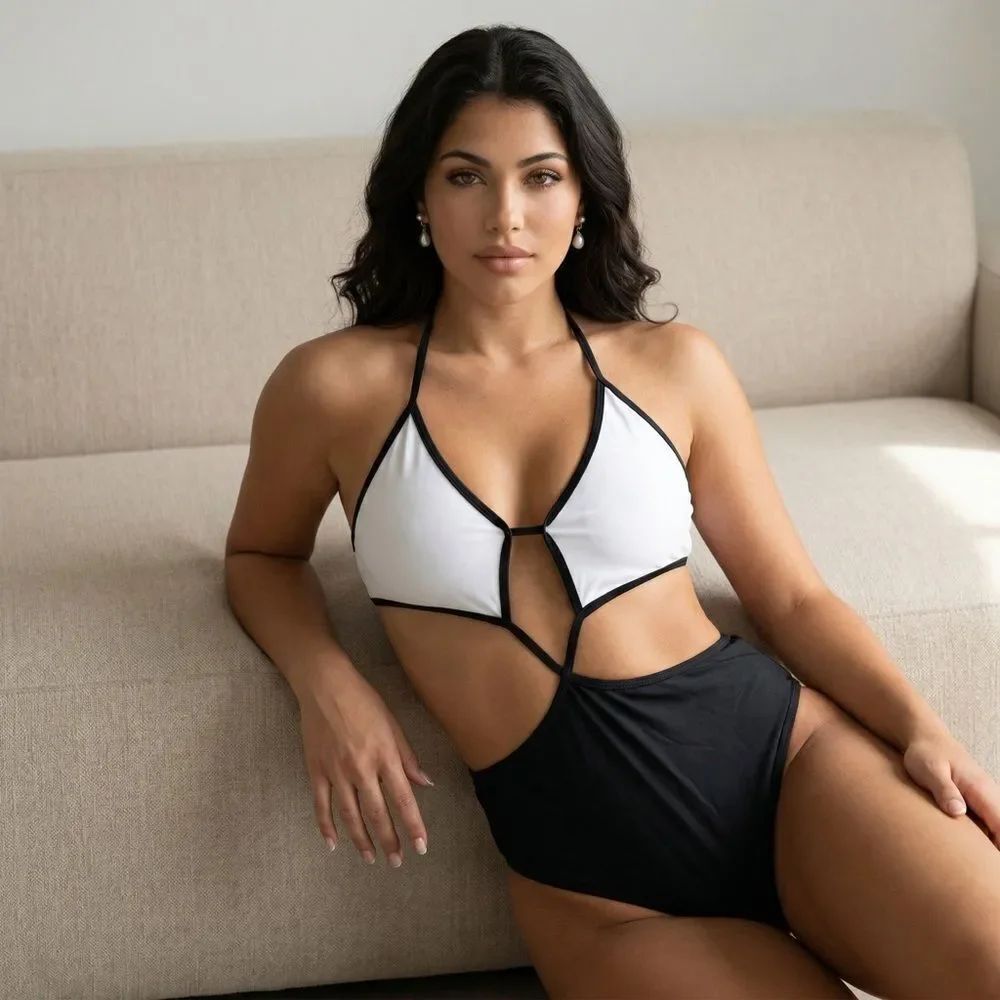 NWT boohoo Black & White Cutout One-Piece V Neck High Waisted Swimsuit size 8 M